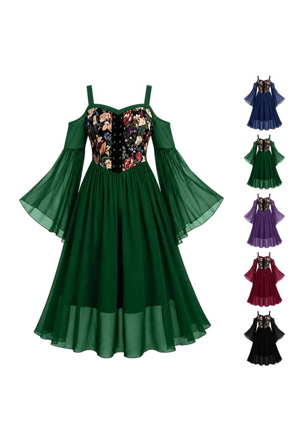 Victorian Dress for Women Floral Corset Trumpet Sleeve Cold Shoulder Gothic Ball Gown Halloween Vintage Party Dress