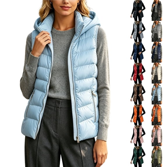 KICILVS Winter Vest for Women Hooded Zip Up Sleeveless Gilet with Zipper Pockets Quilted Winter Jacket for Daily Wear