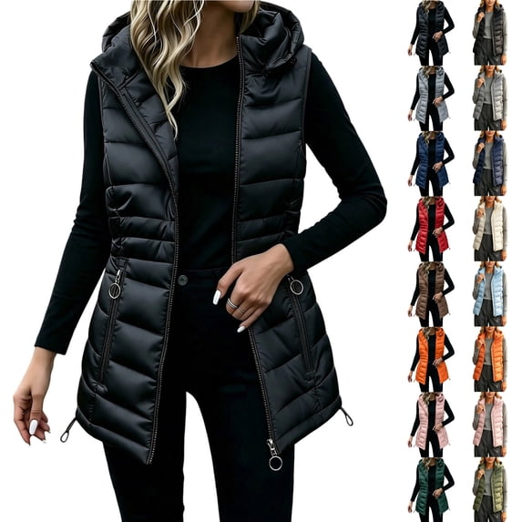 KICILVS Winter Vest for Women Hooded Zip Up Sleeveless Winter Jacket with Pockets Quilted Mid Length Gilet for Daily Wear