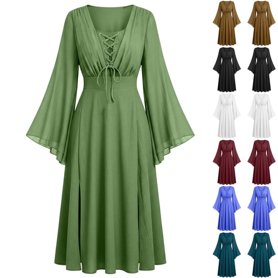 KICILVS Witch Costume Women Bell Sleeves Lace Up V Neck Renaissance Medieval Larp Dress Cosplay A Line Maxi Swing Dress