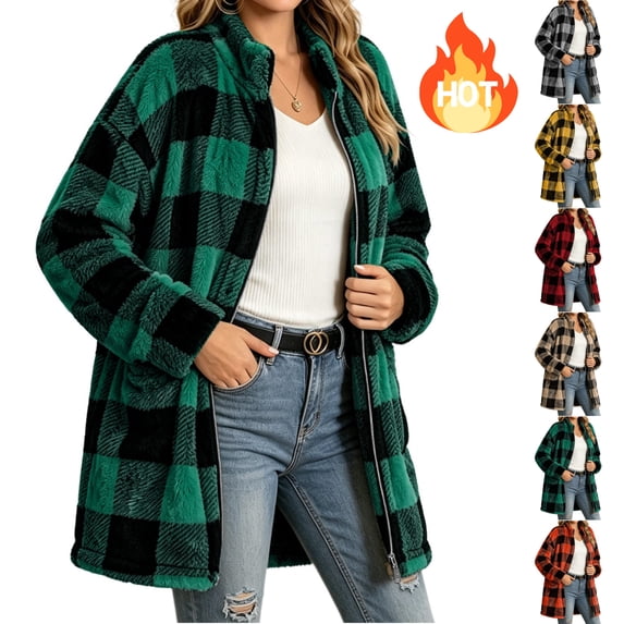 KICILVS Women's Fleece Jacket Full Zip Plaid Coat Warm Fuzzy Sherpa Cardigan Oversized Winter Outwear with Pockets