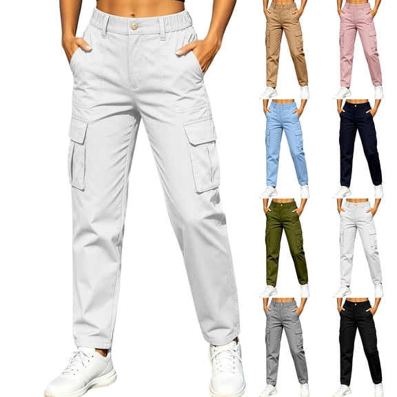 KICILVS Womens Cargo Pants with Multi Pockets High Waisted Tapered Leg Work Pants for Hiking Travel and Outdoor Activities White