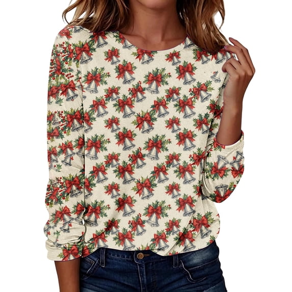 KICILVS Womens Christmas Tops Bells Print Long Sleeve Crew Neck T Shirt Casual Holiday Blouse for Christmas Day Outfits