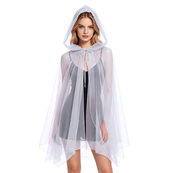 KICILVS Womens Cloak Sheer Tulle Hooded Cape Drawstring Front Short Halloween Cosplay Costume Cape Poncho Cover