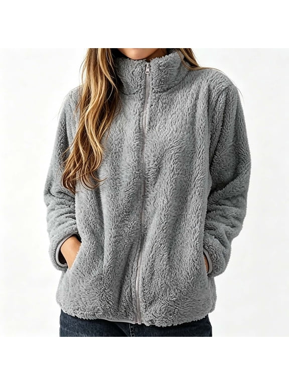 Womens Fuzzy Sherpa Fleece Jacket Zip Up Stand Collar Soft Lightweight Winter Outerwear Warm Cozy Coat