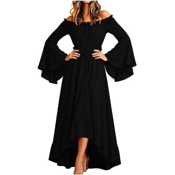 KICILVS Womens Halloween Costumes Plain Long Bell Sleeve Ruffle Trim Neck Drawstring Waist Flowy Maxi Party Dress Black