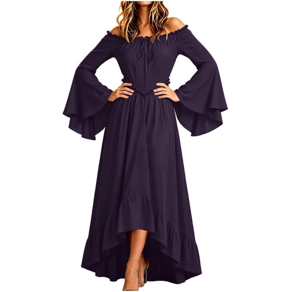 KICILVS Womens Halloween Costumes Plain Long Bell Sleeve Ruffle Trim Neck Drawstring Waist Flowy Maxi Party Dress Purple