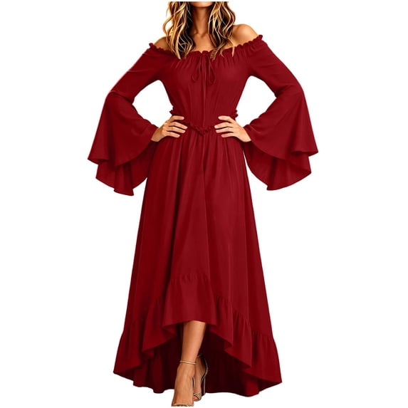 KICILVS Womens Halloween Costumes Plain Long Bell Sleeve Ruffle Trim Neck Drawstring Waist Flowy Maxi Party Dress Red