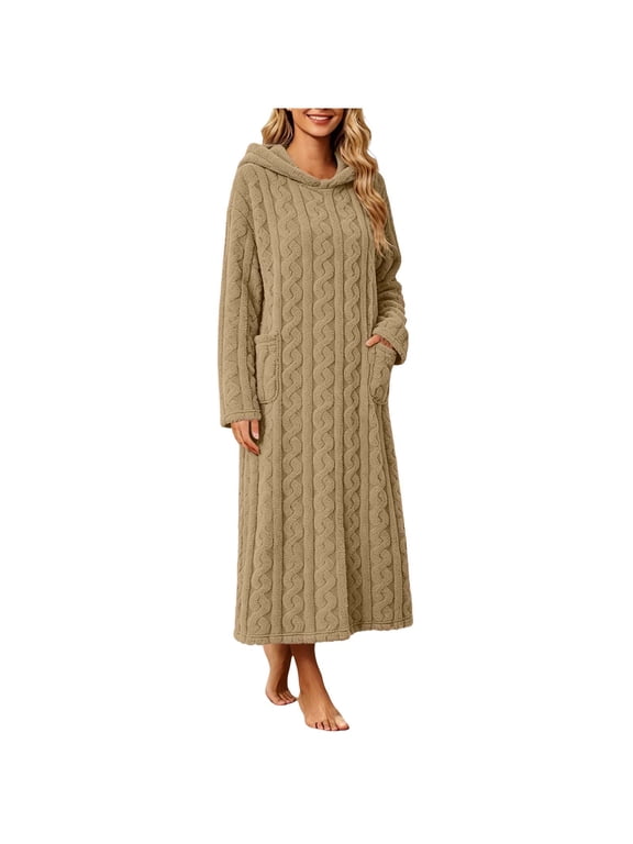Womens Hooded Pullover Fleece Robe Cable Knit Nightgown with Pockets Soft Warm Winter Housecoat for Home Beige
