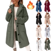 KICILVS Womens Long Fleece Jacket Oversized Fuzzy Sherpa Trench Coat Button Down Warm Winter Outwear Solid Overcoat
