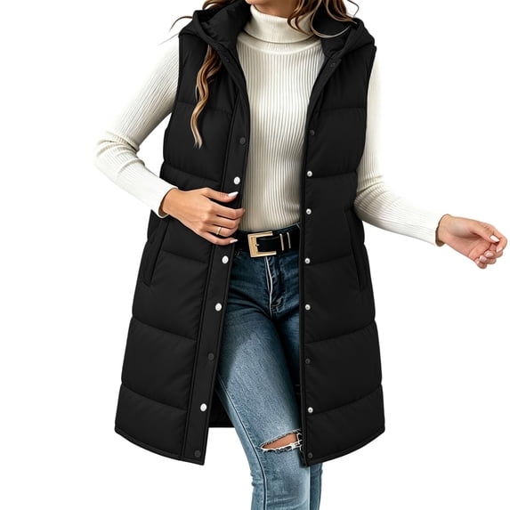 KICILVS Womens Long Puffer Vest Hooded Button Down Padded Waistcoat with Pockets Casual Sleeveless Jacket for Winter Wear Black