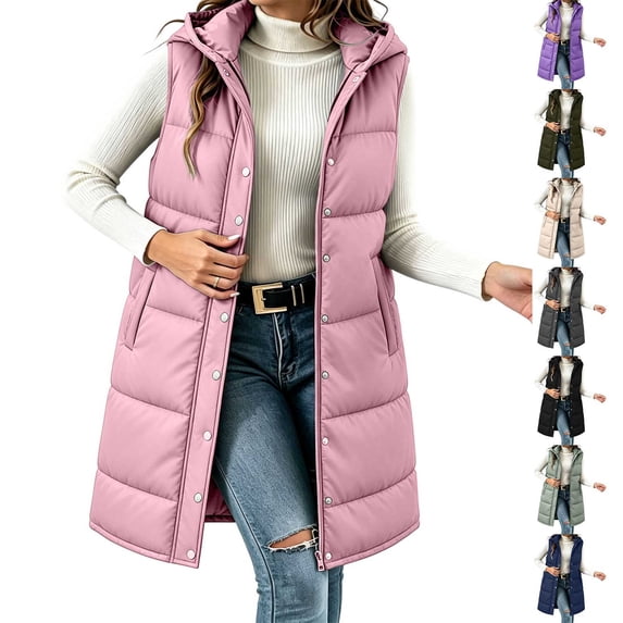 KICILVS Womens Long Puffer Vest Hooded Button Down Padded Waistcoat with Pockets Casual Sleeveless Jacket for Winter Wear Pink