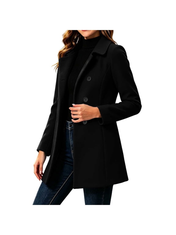 Womens Pea Coat Double Breasted Notch Lapel Collar Mid Length Coat with Pockets Cozy Autumn Winter Outwear Black