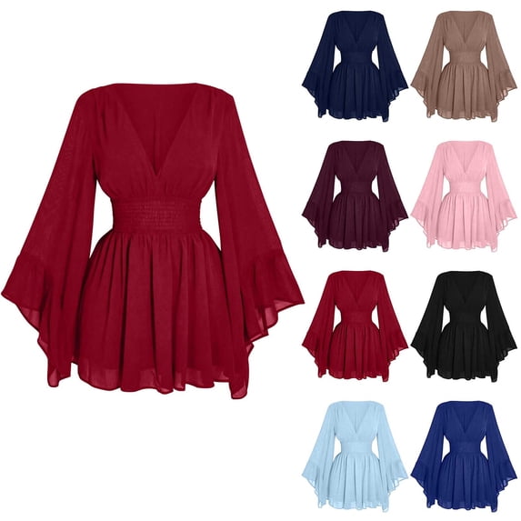 KICILVS Womens Renaissance Costume V Neck Chiffon Bell Sleeve Smocked Waist Tie Mini Dress Fairy Cosplay Halloween Dress
