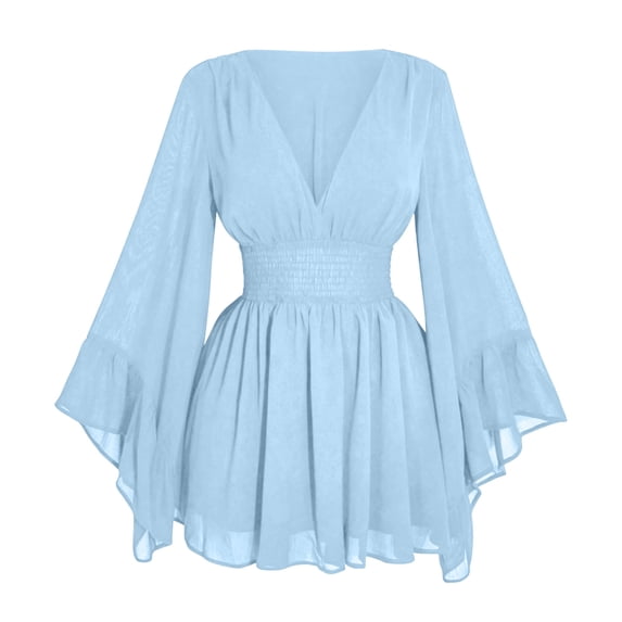 KICILVS Womens Renaissance Costume V Neck Chiffon Bell Sleeve Smocked Waist Tie Mini Dress Fairy Cosplay Halloween Dress