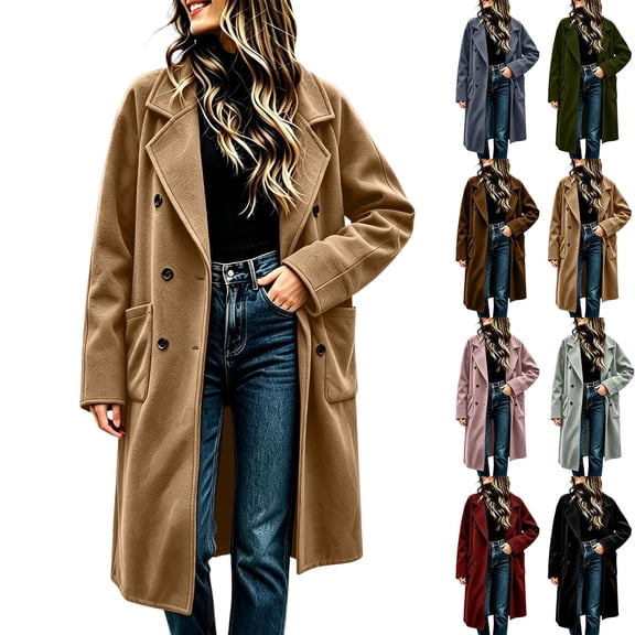 KICILVS Womens Trench Coat Double Breasted Notch Lapel Long Jacket with Pockets Warm Cozy Peacoat for Winter Wear Khaki