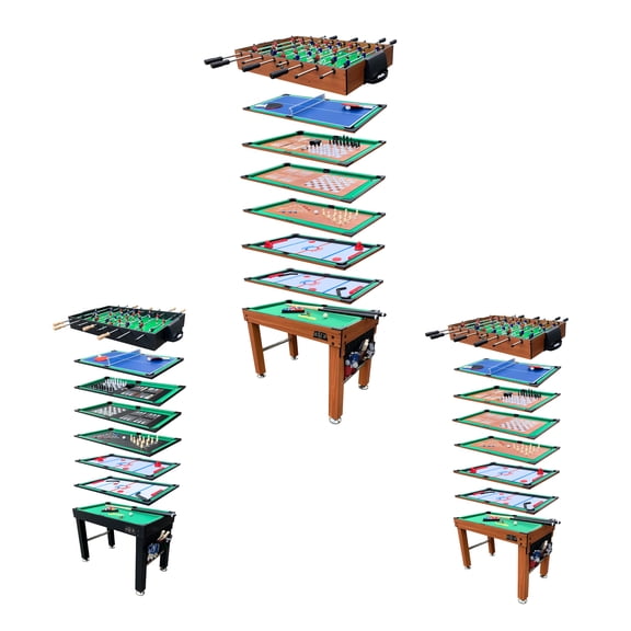 KICK Defender 48" 10-in-1 Game Table - Foosball, Pool/Billiard, Glide and Ice Hockey, Table Tennis, Chess, Backgammon, Draughts, Bowling, Shuffleboard