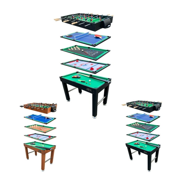 KICK Hexad 48″ 6-in-1 Multi Game Table (Black) - Combo Game Table Set - Billiards, Foosball, Glide Hockey, Table Tennis, Mini-Shuffleboard, and Mini-Bowling for Home, Game Room, Friends and Family!