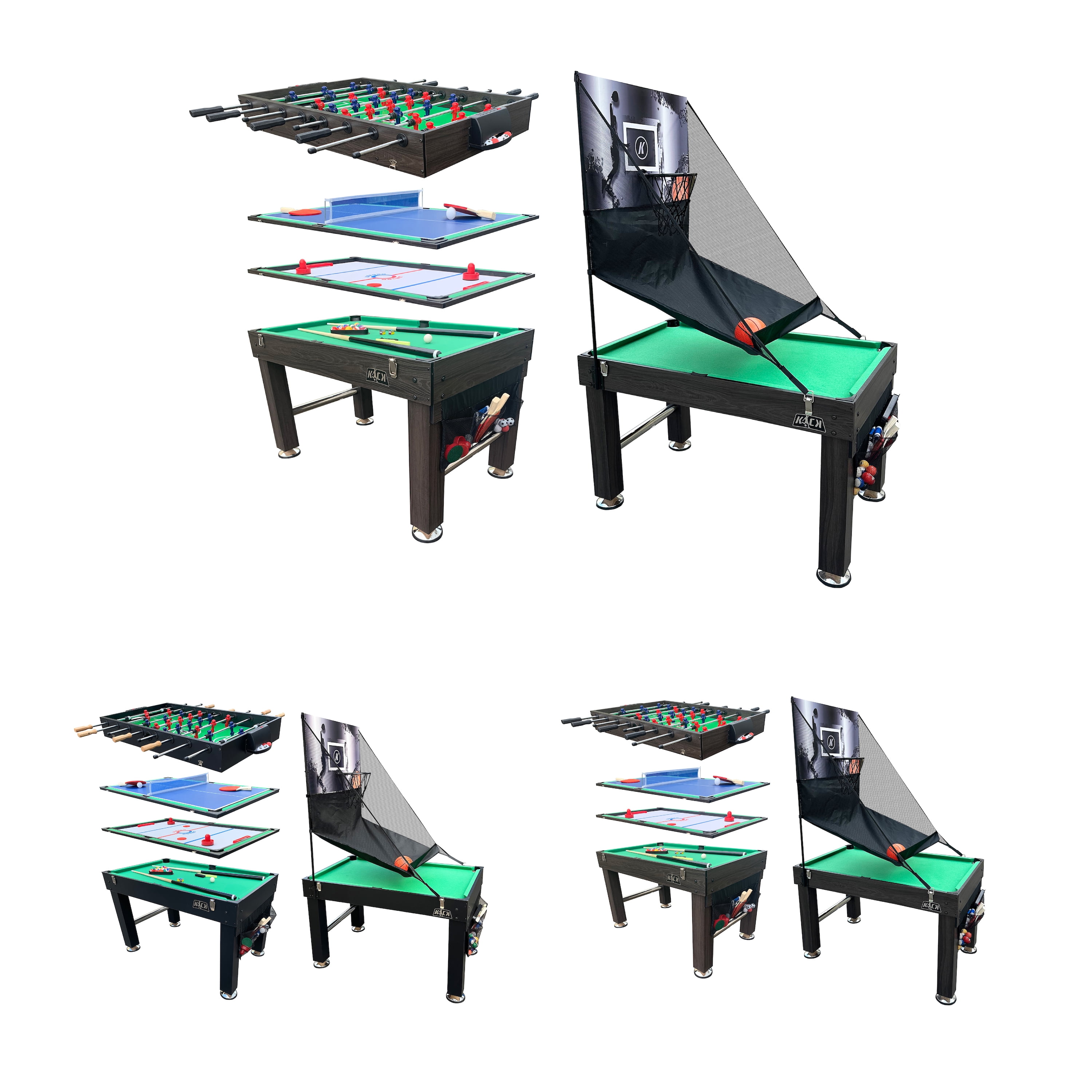 KICK Morpheus 55″ 5 in 1 Multi-Game Table&nbsp;(Brown) - Combo Game Table Set - Foosball, Billiards/Pool, Glide Hockey, Table Tennis, and Basketball for Home, Game Room, Friends and Family!
