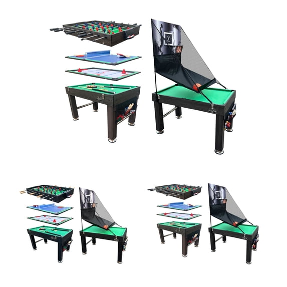 KICK Morpheus 55″ 5 in 1 Multi-Game Table (Brown) - Combo Game Table Set - Foosball, Billiards/Pool, Glide Hockey, Table Tennis, and Basketball for Home, Game Room, Friends and Family!