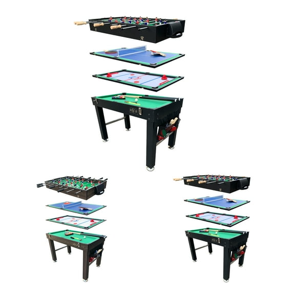KICK Quad 48″ 4-in-1 Multi Game Table (Black) - Combo Game Table Set - Foosball, Billiards/Pool, Glide Hockey and Table Tennis for Home, Game Room, Friends and Family!