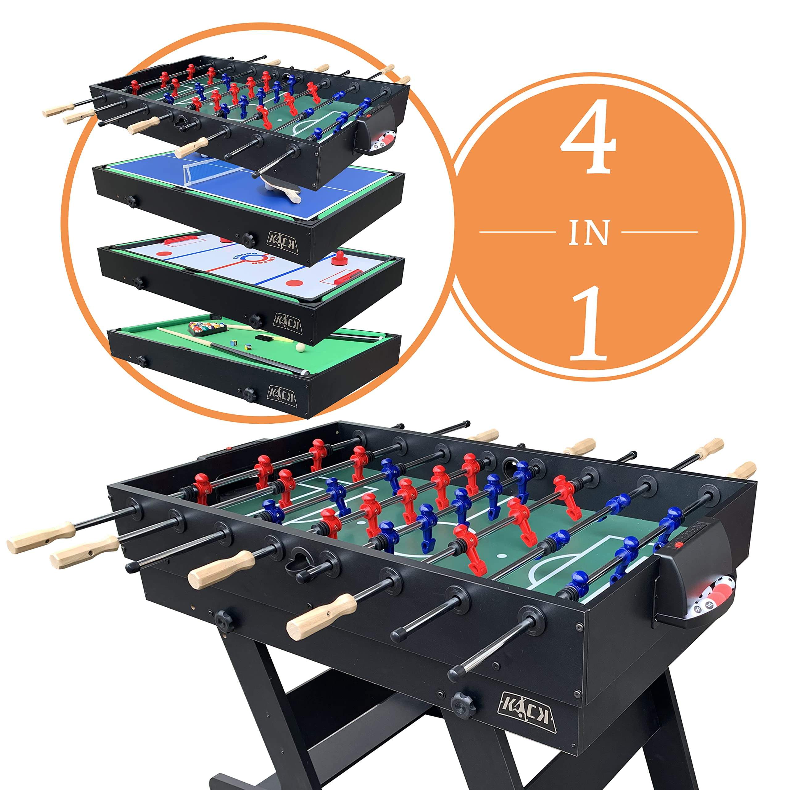 KICK Quatro 55″ 4in1 Multi Game Table (Black) Combo Game Table Set Billiards, PushHockey