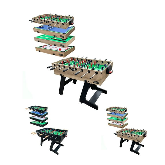 KICK Quatro 55″ 4-in-1 Multi Game Table (Brown) - Combo Game Table Set - Billiards, Push-Hockey, Ping pong, and a Foosball for Home, Game Room, Friends and Family!