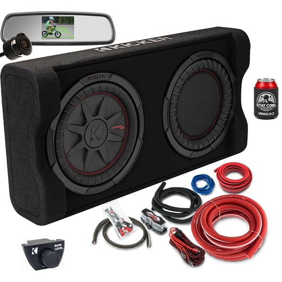 KICKER Enclosure and Amp kit Package of 3 Items - 10" PTRTP 800 Watt Down-Firing Powered Loaded Sub Enclosure, Rear View Mirror with Backup Camera, and Complete 8AWG Wiring Kit