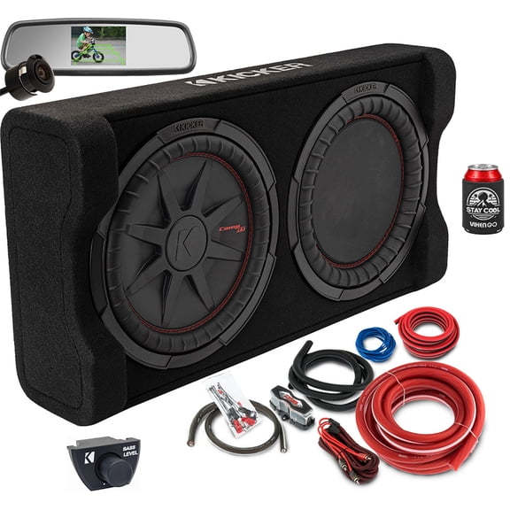 KICKER Enclosure and Amp kit Package of 3 Items - 12" PTRTP 1000 Watt Down-Firing Powered Loaded Sub Enclosure, Rear View Mirror with Backup Camera, and Complete 8AWG Wiring Kit
