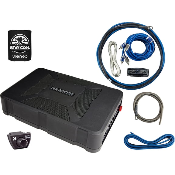 KICKER Powered Subwoofer and Amp Kit Package of 2 Items - 8" 300W Hideaway/Under-Seat Powered Subwoofer Enclosure and Complete 8AWG Wiring Kit - 51HS8 Enclosure & 46CK8 Kit