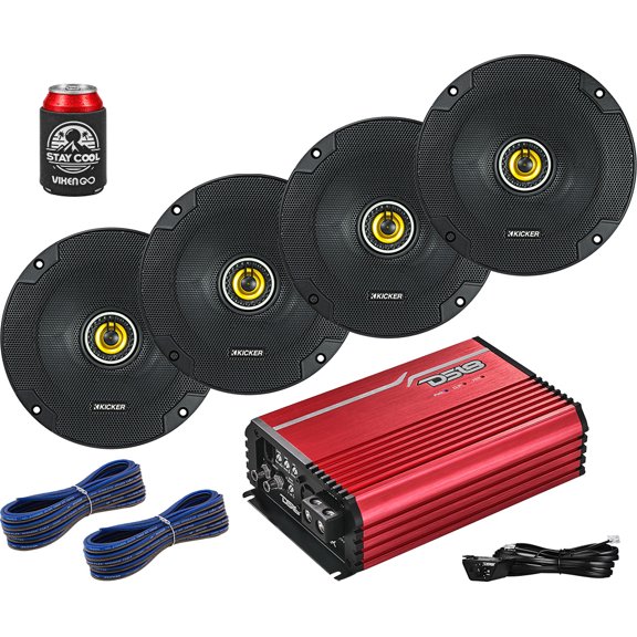 KICKER Speakers and Amp Package of 5 Items: 46CSC654 6.5" CS Series Speakers (2 Pairs) w/ DS18 Class D FRP-2.5K/RD FRP Series Mono Amplifier (Red) and Kicker 46KW1620 16 AWG Speaker Wire (Pair)