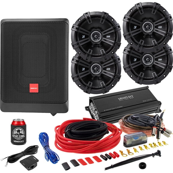 KICKER Speakers, Sub, and Amp Package of 5 Items: 4 Pack DS Series Speakers with Vixen Go 4CH Amplifier, Under-seat Powered Subwoofer, and 8AWG Wiring Kit DSC6504(2)+VGA-ZAP4D+VGA-BEAT68+VGK8GA