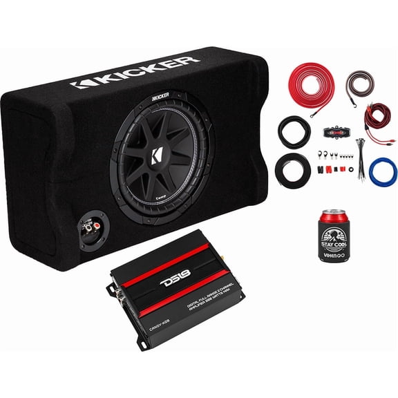 KICKER Subwoofer and Amp Package of 3 Items - 10" Comp 300 Watt Down-Firing Loaded Sub Enclosure, DS18 Class D 2-channel Amplifier, and Complete 8AWG Wiring Kit