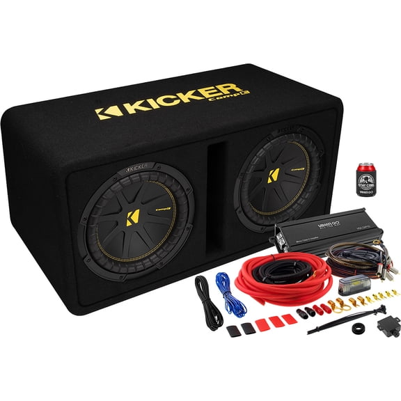 KICKER Subwoofer and Amp Package of 3 Items - 10" CompC Vented 1200 Watt Dual Sub Enclosure, Vixen Go Class D Monoblock Amplifier, and Complete 4AWG Wiring Kit 50DCWC102+VGA-ZAP1D+VGK4GA