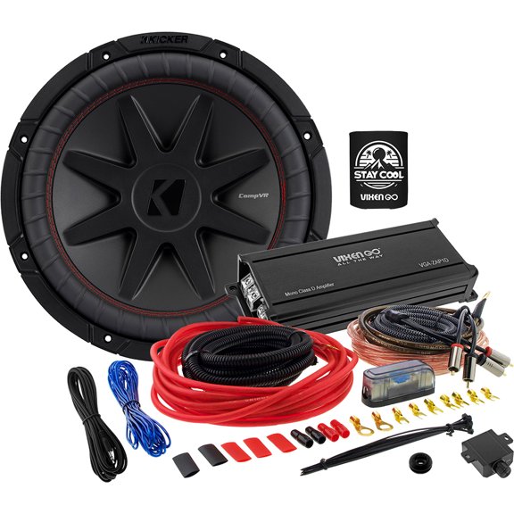 KICKER Subwoofer and Amp Package of 3 Items - 12" CompVR 800 Watt Sub, Vixen Go Class D Monoblock Amplifier, and Complete 8AWG Wiring Kit 52CVR124+VGA-ZAP1D+VGK8GA