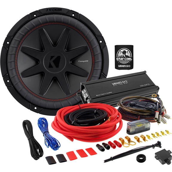KICKER Subwoofer and Amp Package of 3 Items - 12" CompVR 900 Watt Sub, Vixen Go Zap Series Mono Amplifier and 4AWG Complete Amplifier Kit 52CVR122+VGA-ZAP1D+VGK4GA