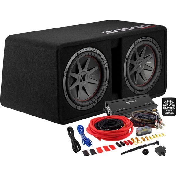 KICKER Subwoofer and Amp Package of 3 Items - 12" CompVR Vented 1600 Watt Dual Sub Enclosure, Vixen Go Class D Monoblock Amplifier, and Complete 4AWG Wiring Kit 52DCVR122+VGA-ZAP1D+VGK4GA