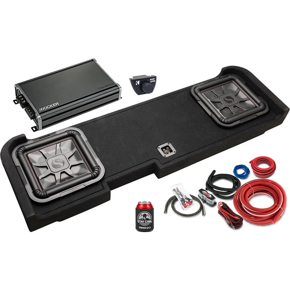 KICKER Subwoofer and Amp Package of 4 Items - 12" L7 Custom Fit Down-firing 2400 Watt Enclosure for Chevrolet Silverado and GMC Sierra, Class D Monoblock Amplifier, Bass Remote and 4AWG Wiring Kit
