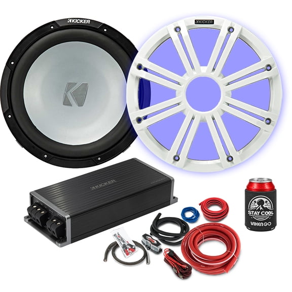 KICKER Subwoofer and Amp Package of 4 Items - 12" KM 350 Watt Freeair Sub, Class D Monoblock Amplifier, LED White Grille and 8AWG Power Wiring Kit