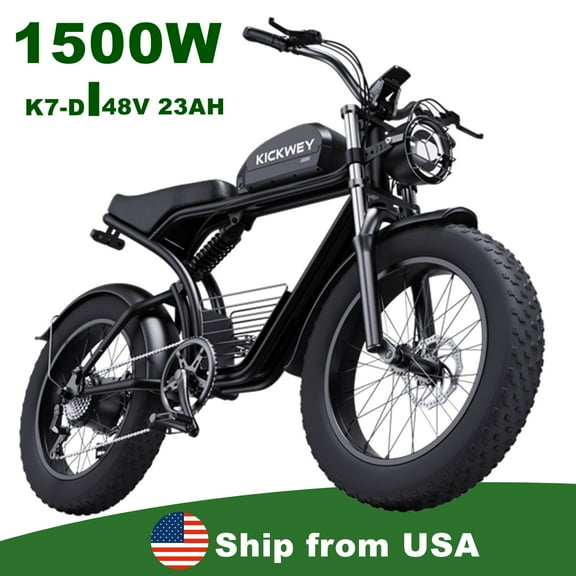 KICKWEY Electric Bike for Adults, 1500W 32MPH,48V23AH, Max 75Miles Electric Motorcycle 20" Fat Tire Dirt Bike, Shamano 7-Speed Mountain Travel E-Bike Dual Shock Absorber Full Suspension,UL2849