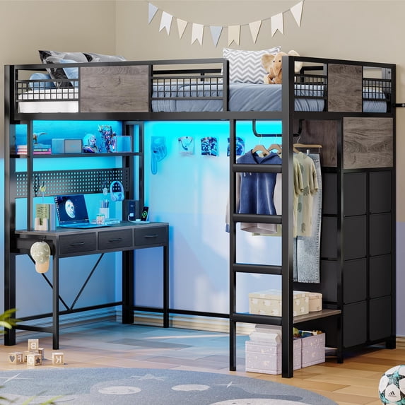 KICODE Twin Size Loft Bed with Desk&Clothing Rack,Twin Size Metal Loft Bed with 11 Storage Drawers,Charging Station,LED Lights and Coat Rack,13.4" Safety Guard & Stair,Black
