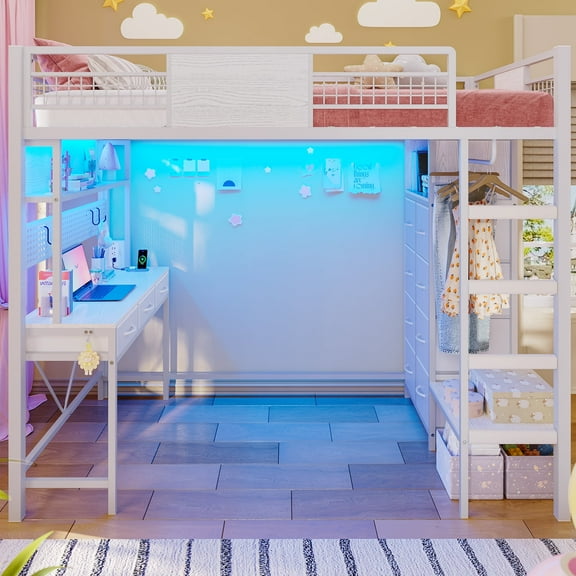 KICODE Twin Size Loft Bed with Desk&Clothing Rack,Twin Size Metal Loft Bed with 11 Storage Drawers,Charging Station,LED Lights and Coat Rack,13.4" Safety Guard & Stair,White