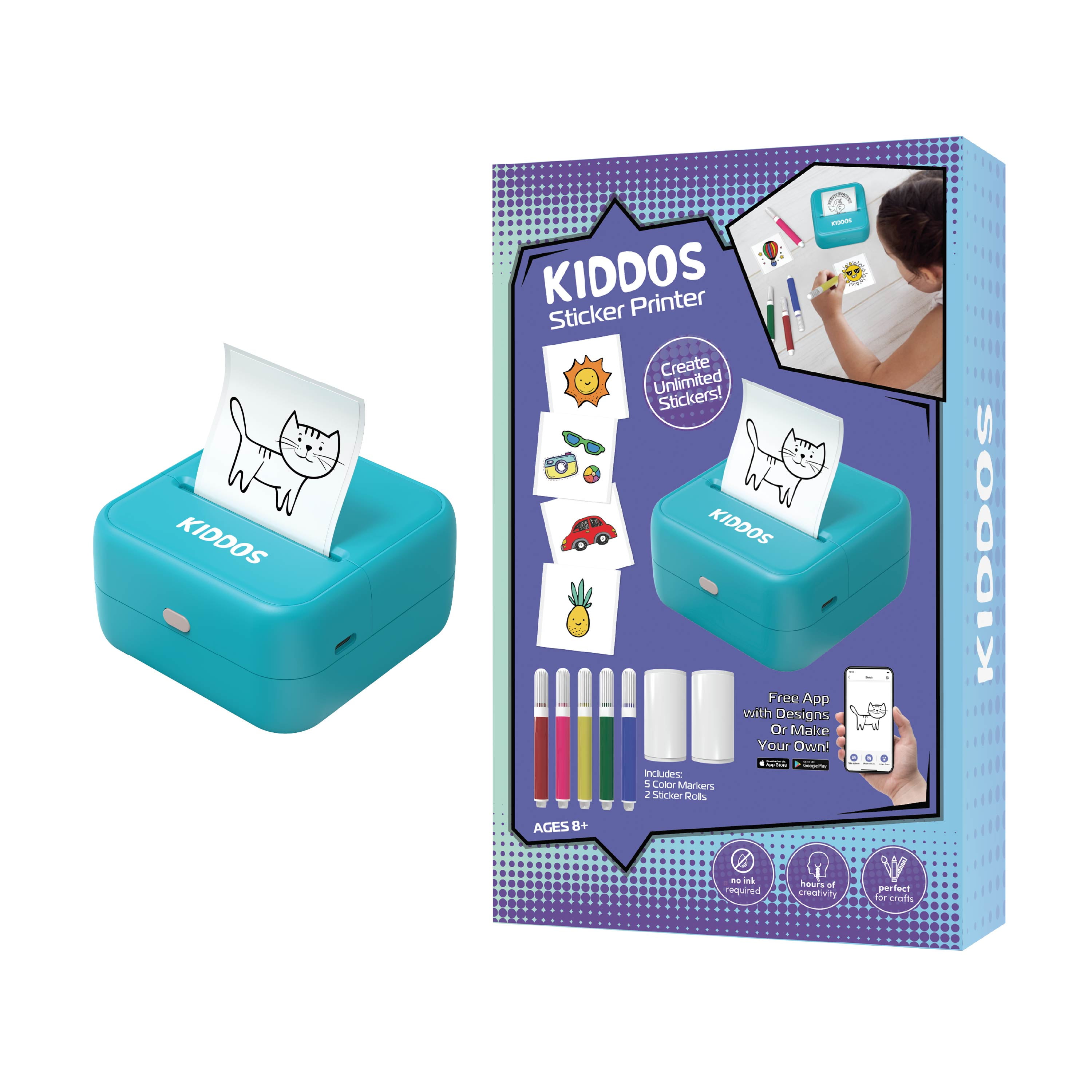 Kiddos Sticker Maker Machine Sticker Maker for Kids 8+ DIY Arts and Crafts Kit with Markers, Sticker Rolls & App