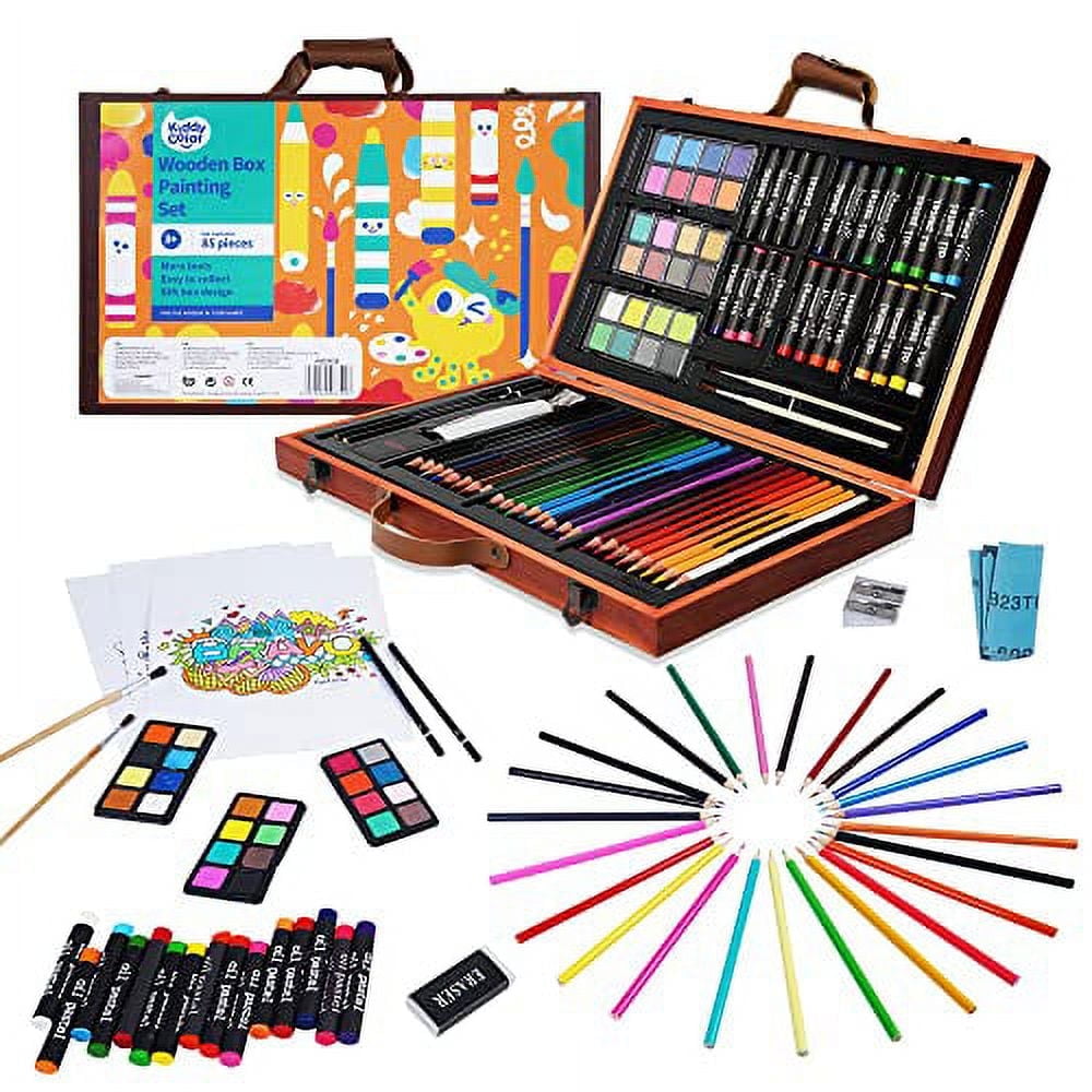 KIDDYCOLOR 85pcs Deluxe Art Creativity Set in Wooden Case, Painting & Drawing Kit for Kids with Oil Pastels, Colored Pencils, Watercolor Cakes, Paint Brushes, Coloring Pages