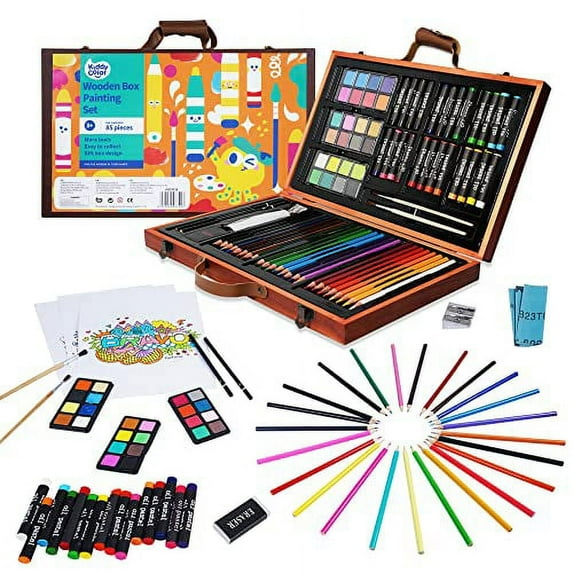 KIDDYCOLOR 85pcs Deluxe Art Creativity Set in Wooden Case, Painting & Drawing Kit for Kids with Oil Pastels, Colored Pencils, Watercolor Cakes, Paint Brushes, Coloring Pages