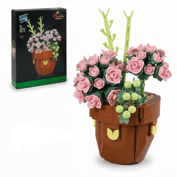 Kiddycolor 389-Piece Mountain Rose Flower Building Set, ABS Potted Flower Blocks for DIY Desk and Home Decor