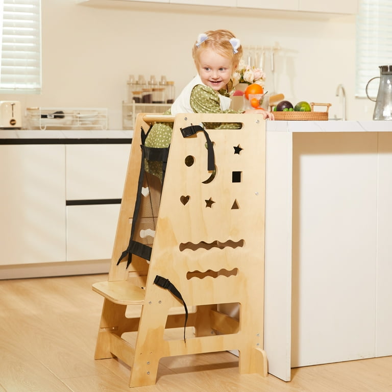 KIDHABE Toddler Tower Wooden Learning Tower Height Adjustable with Removable Safety Net Non Slip Mats Chalk Whiteboard