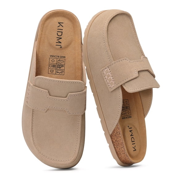 KIDMI 100% Genuine Suede Clogs for Women Loafer-Style Leather Mules Slip On Shoes with Soft Cork Footbed, Tan, Size 43
