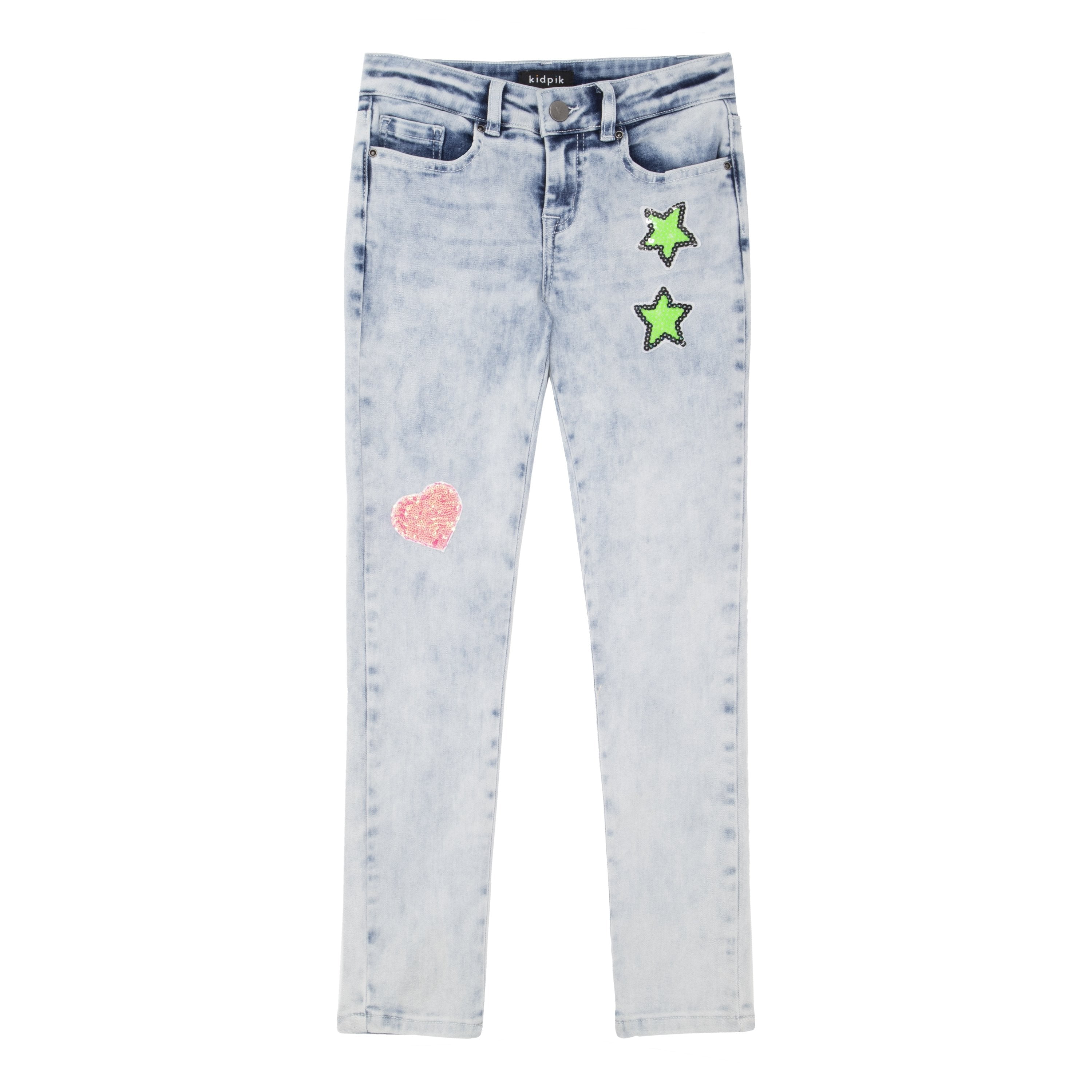 KIDPIK Girls Premium Denim, 5 Pocket Sequin Patch Denim Skinny Jean, Size 4