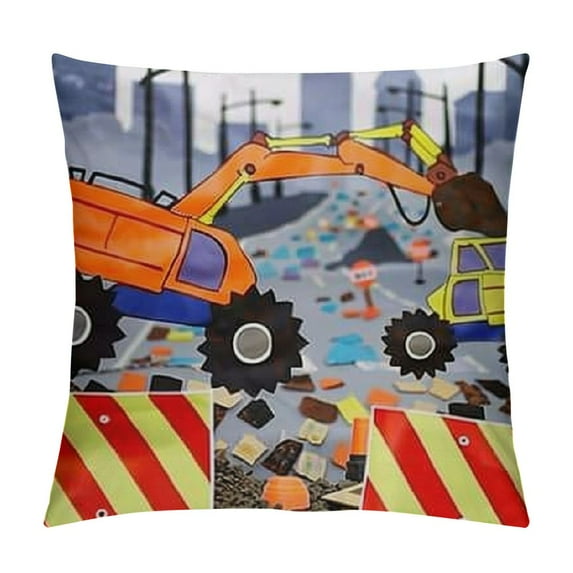 KIDS Construction Twin/Full Size Bed Comforter for Young Boys with Dump Trucks and Bulldozers; Toddler Boy Bedding for Building Decor; All Season Orange, Yellow and Blue Comforter